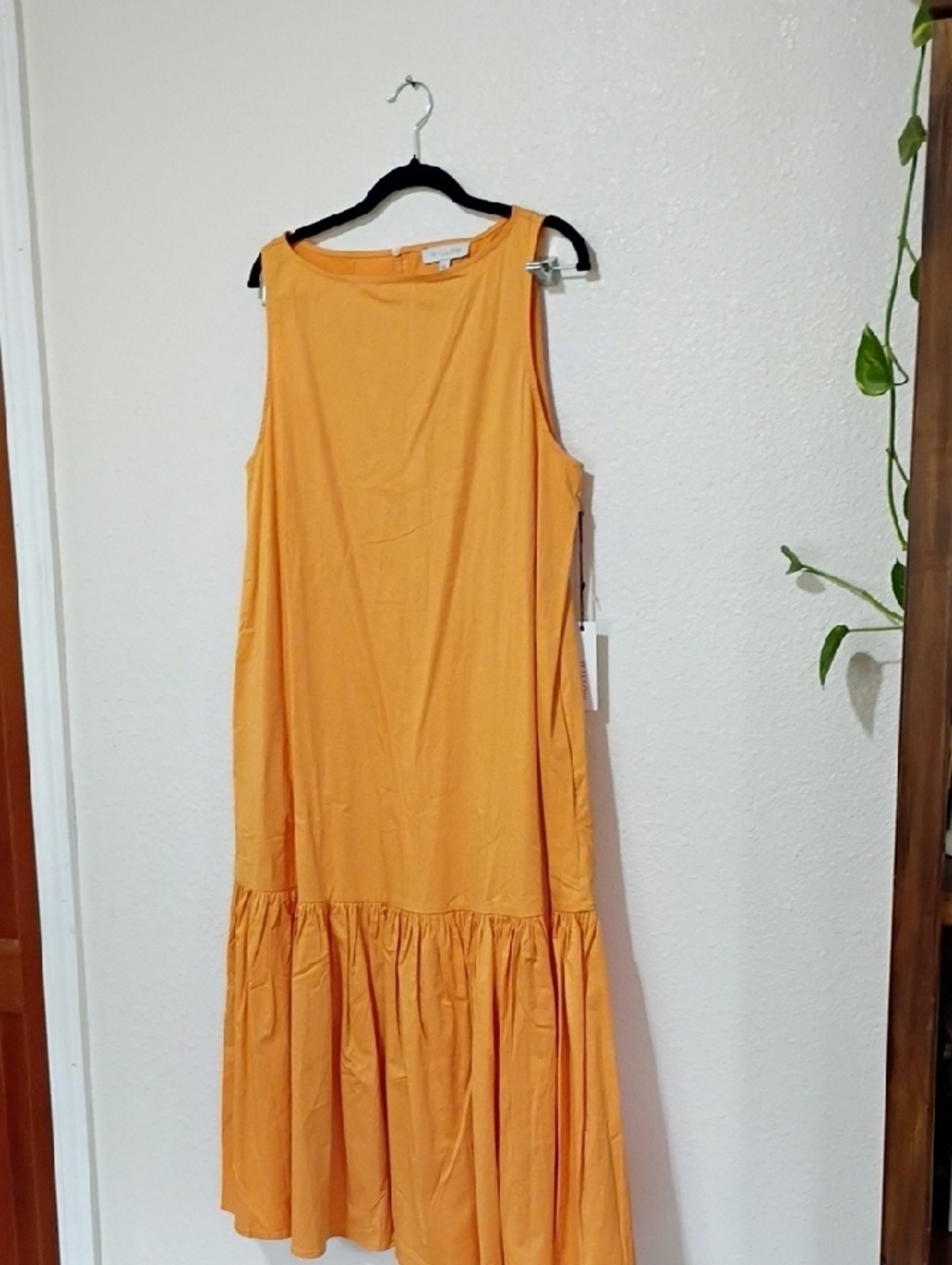 Willow Sleeveless Orange Midi Dress with Gathered Hem - Picture 2 of 6